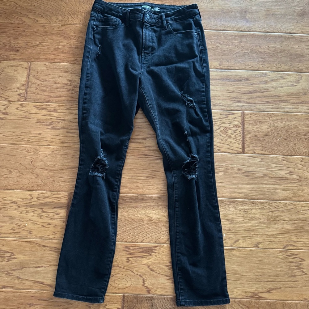 Old Navy High Rise Jeans Power Slim Straight Leg Women’s 12 Black Distressed
